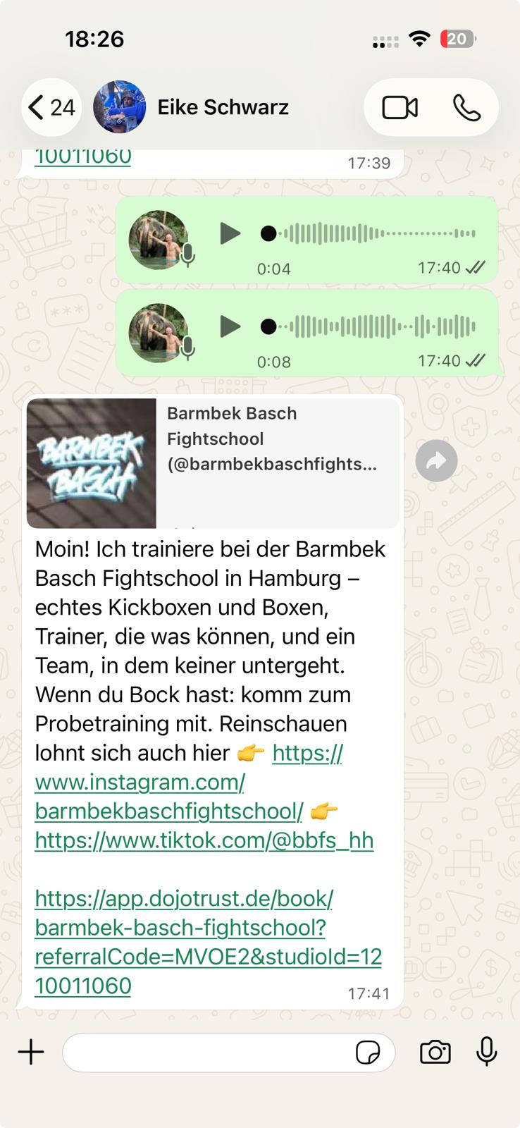 WhatsApp-Chat mit dem geteilten Empfehlungslink der Barmbek Basch Fightschool