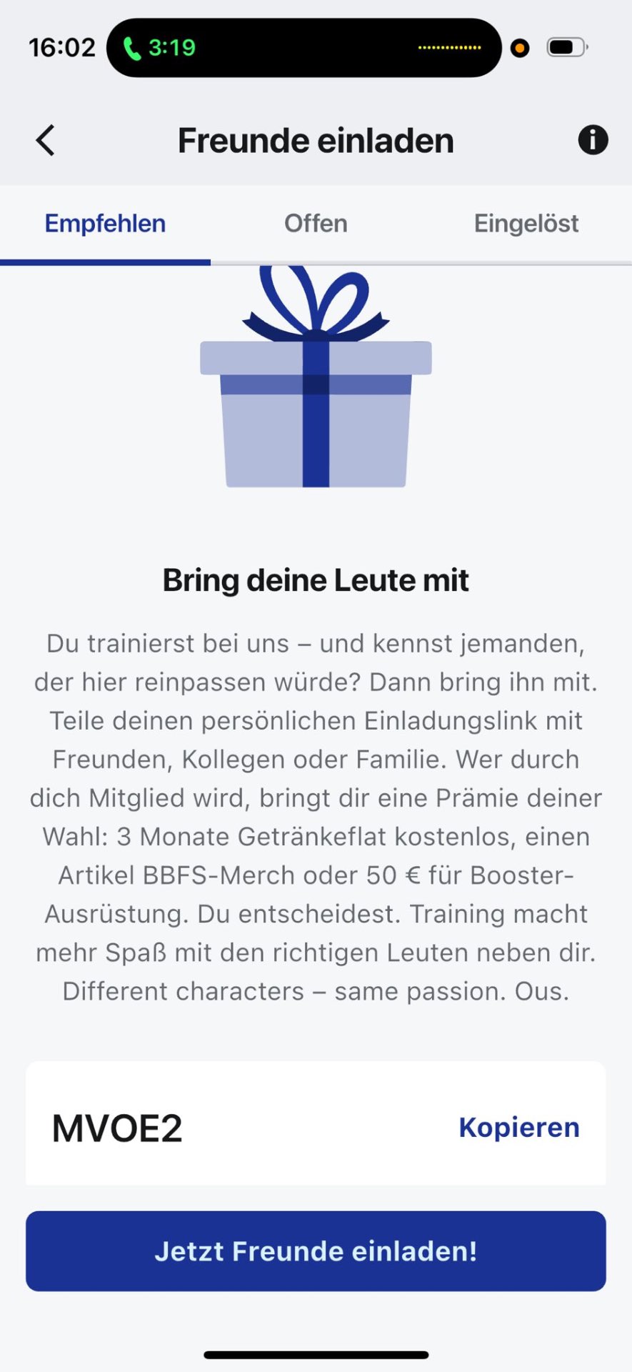 MySports App: Seite Freunde einladen mit persönlichem Empfehlungscode