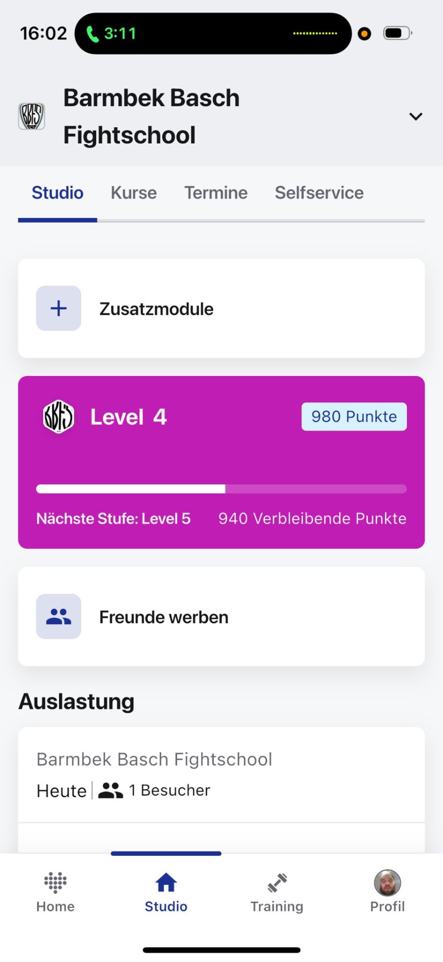 MySports App: Studio-Tab mit dem Eintrag Freunde werben